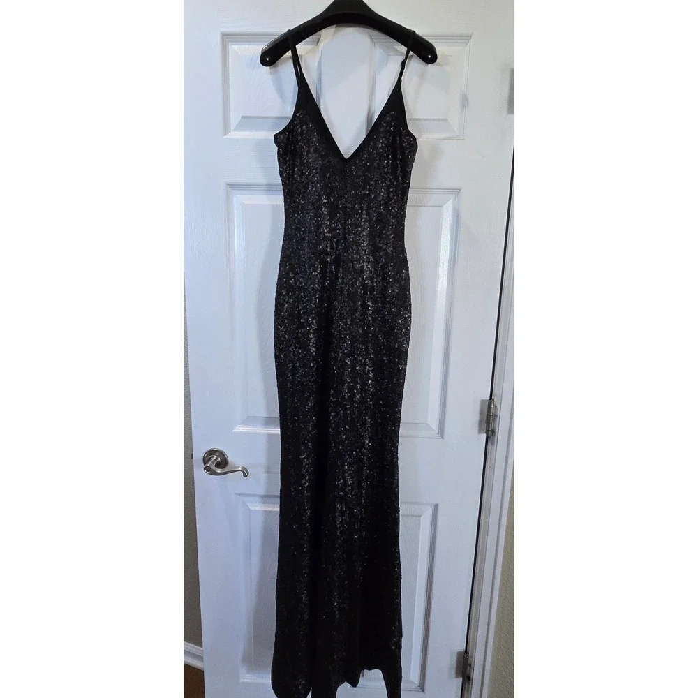 Dress The Population Black Sequin V-Neck Maxi Gown Dress S Made in USA - Picture 4 of 11